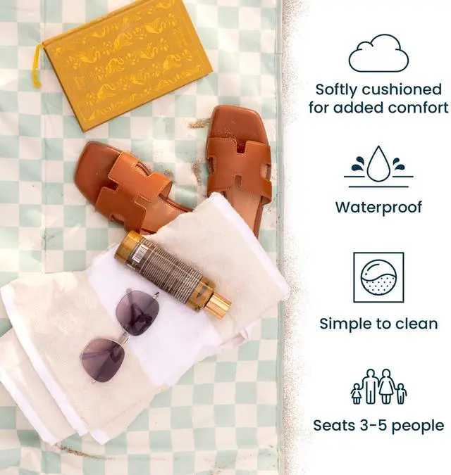 Alt view image 7 of 7 - Tiny Twinkle Waterproof Picnic Blanket | 5'x7' 100% Recycled Polyester, Sandproof, Foldable & Portable for Beach, Camping, Travel (Sage Checkers