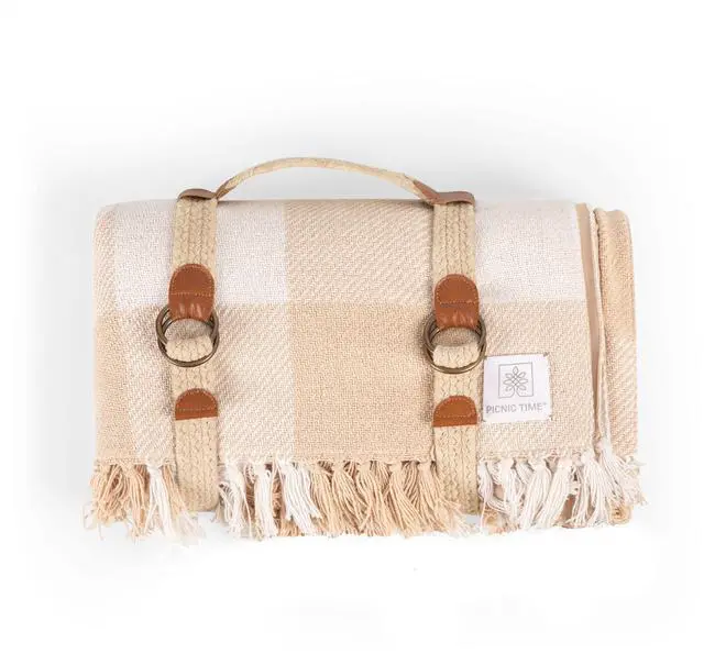 Main image of Picnic TIME Montecito Picnic Blanket with Harness, Large 60" x 70" Outdoor Blanket, Woven Cotton Top with Water-Resistant Poly Duck Backing, Sandproof Beach Mat for Camping & Travel (Beige Gingham)
