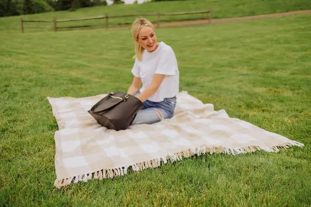 Alt view image 2 of 6 - Picnic TIME Montecito Picnic Blanket with Harness, Large 60" x 70" Outdoor Blanket, Woven Cotton Top with Water-Resistant Poly Duck Backing, Sandproof Beach Mat for Camping & Travel (Beige Gingham)