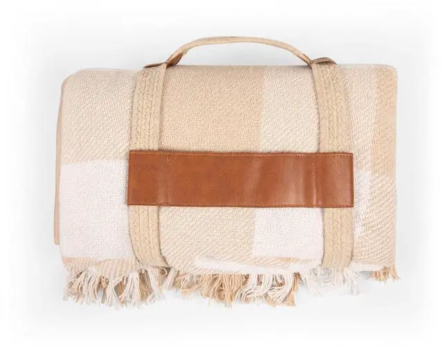 Alt view image 4 of 6 - Picnic TIME Montecito Picnic Blanket with Harness, Large 60" x 70" Outdoor Blanket, Woven Cotton Top with Water-Resistant Poly Duck Backing, Sandproof Beach Mat for Camping & Travel (Beige Gingham)