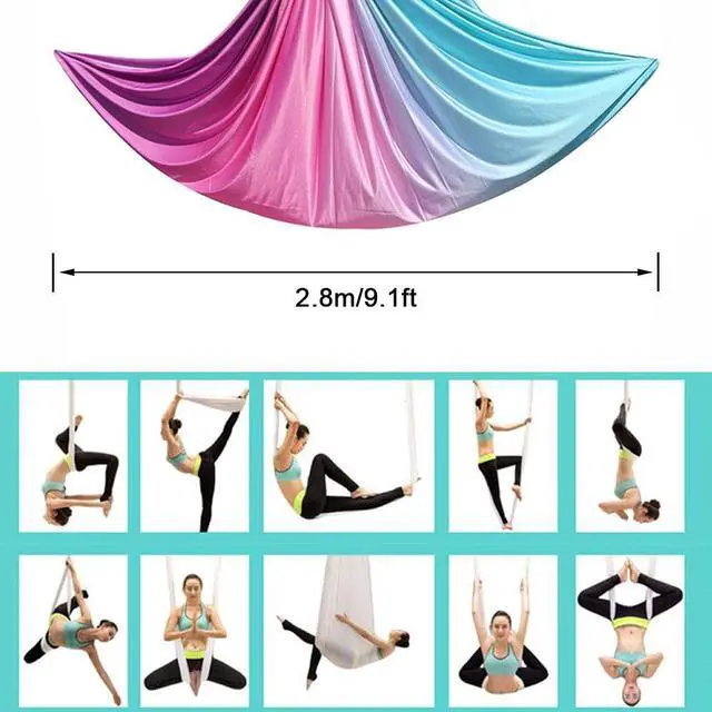 Alt view image 3 of 7 - FOSER Aerial Yoga Hammock Aerial Yoga Swing with Daisy Chains Carabiners for Inverted Gravity Yoga Flip with Instruction Manual 5M×2.8M (Gradient Purple)
