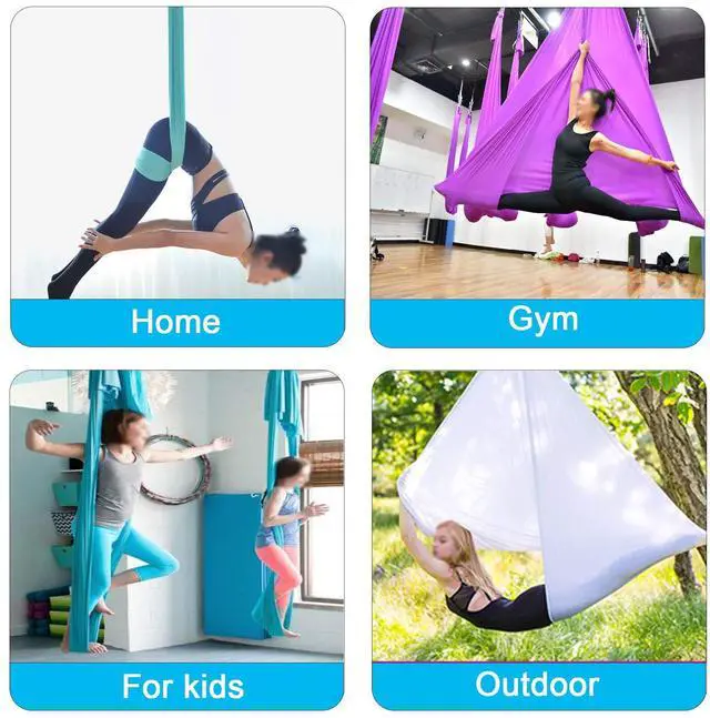 Alt view image 5 of 7 - FOSER Aerial Yoga Hammock Aerial Yoga Swing with Daisy Chains Carabiners for Inverted Gravity Yoga Flip with Instruction Manual 5M×2.8M (Gradient Purple)