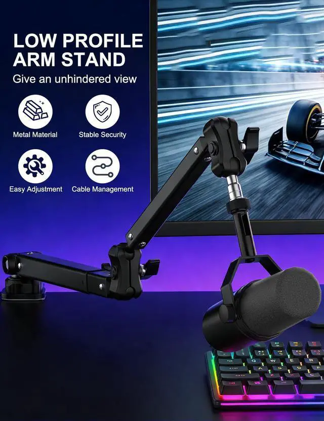 Alt view image 2 of 7 - Kairiyard Microphone Boom Arm, 360° Rotatable Heavy Duty Stable Metal Low Profile Mic Arm Stand Desk Mount for Podcast Live Streaming Gaming Studio, with Cable Management, 3/8'' to 5/8'' Adapter
