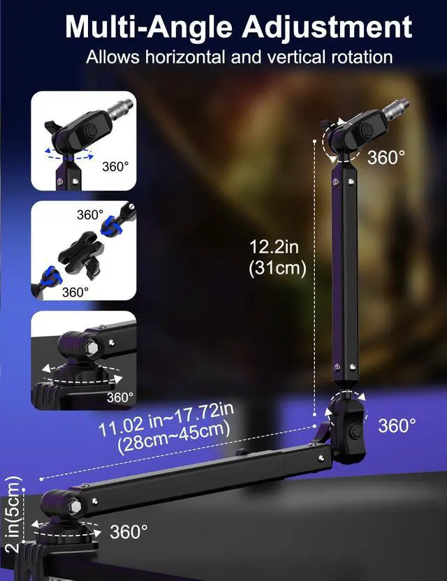 Alt view image 4 of 7 - Kairiyard Microphone Boom Arm, 360° Rotatable Heavy Duty Stable Metal Low Profile Mic Arm Stand Desk Mount for Podcast Live Streaming Gaming Studio, with Cable Management, 3/8'' to 5/8'' Adapter