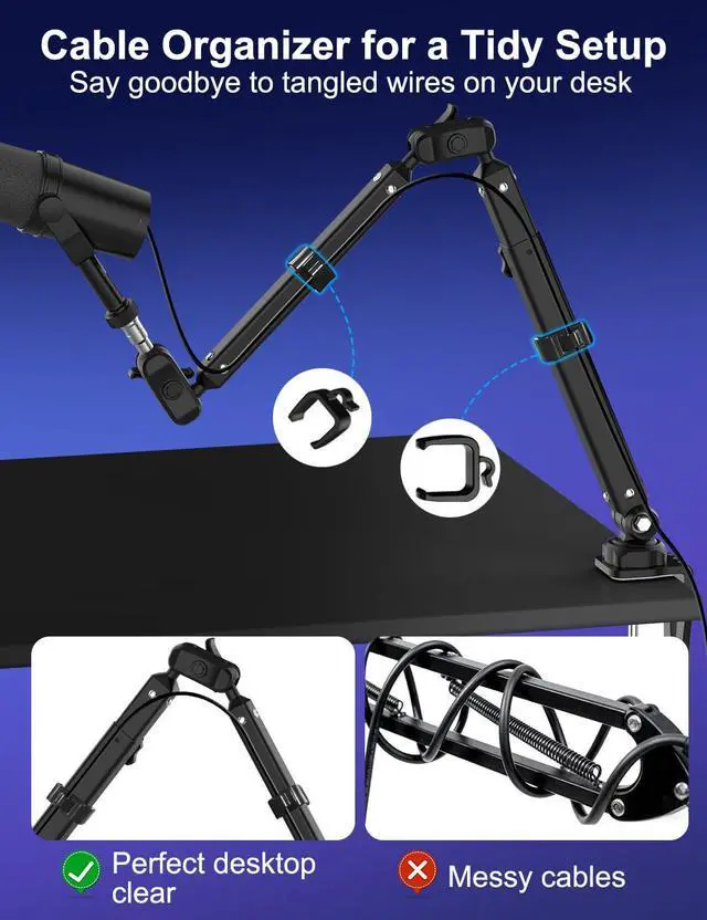 Alt view image 6 of 7 - Kairiyard Microphone Boom Arm, 360° Rotatable Heavy Duty Stable Metal Low Profile Mic Arm Stand Desk Mount for Podcast Live Streaming Gaming Studio, with Cable Management, 3/8'' to 5/8'' Adapter