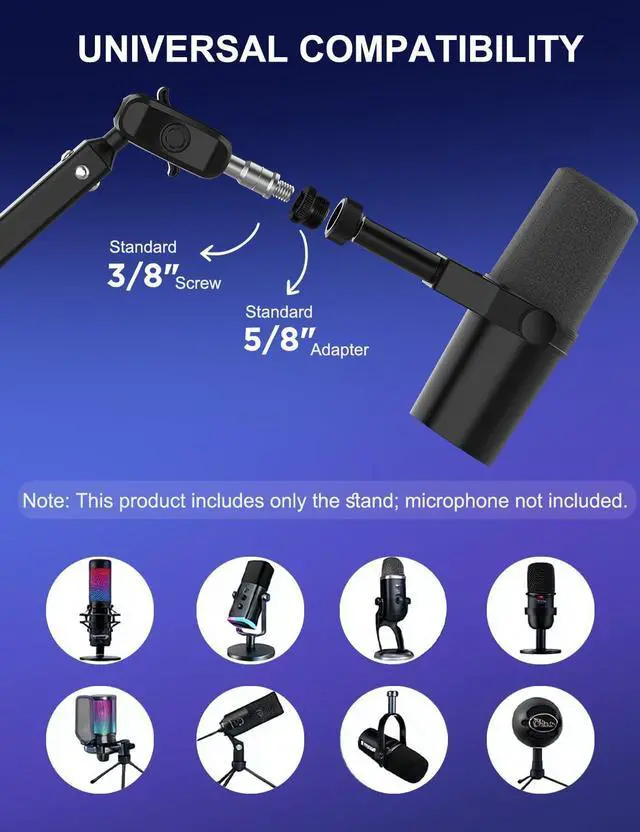 Alt view image 7 of 7 - Kairiyard Microphone Boom Arm, 360° Rotatable Heavy Duty Stable Metal Low Profile Mic Arm Stand Desk Mount for Podcast Live Streaming Gaming Studio, with Cable Management, 3/8'' to 5/8'' Adapter