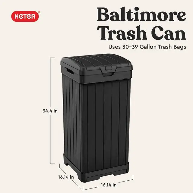 Alt view image 2 of 7 - Keter Baltimore 38Gallon Outdoor Trash Can Resin Patio Garbage Bin with Locking Lid & EasyClean Drip Tray, WeatherResistant Design, Grey