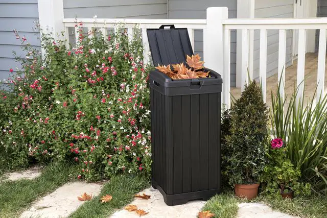 Alt view image 4 of 7 - Keter Baltimore 38Gallon Outdoor Trash Can Resin Patio Garbage Bin with Locking Lid & EasyClean Drip Tray, WeatherResistant Design, Grey