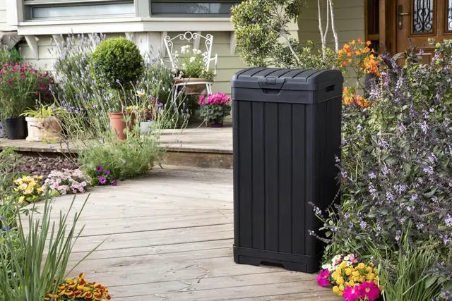 Alt view image 5 of 7 - Keter Baltimore 38Gallon Outdoor Trash Can Resin Patio Garbage Bin with Locking Lid & EasyClean Drip Tray, WeatherResistant Design, Grey