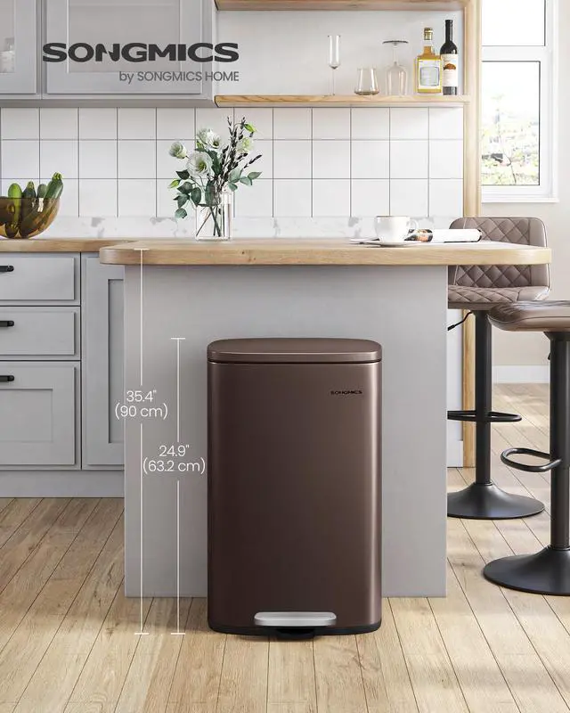 Alt view image 2 of 7 - SONGMICS 13 Gallon (50 L) Trash Can, Stainless Steel Kitchen Garbage Can, Recycling or Waste Bin, Soft Close, Step-On Pedal, Removable Inner Bucket, Brown ULTB50BR
