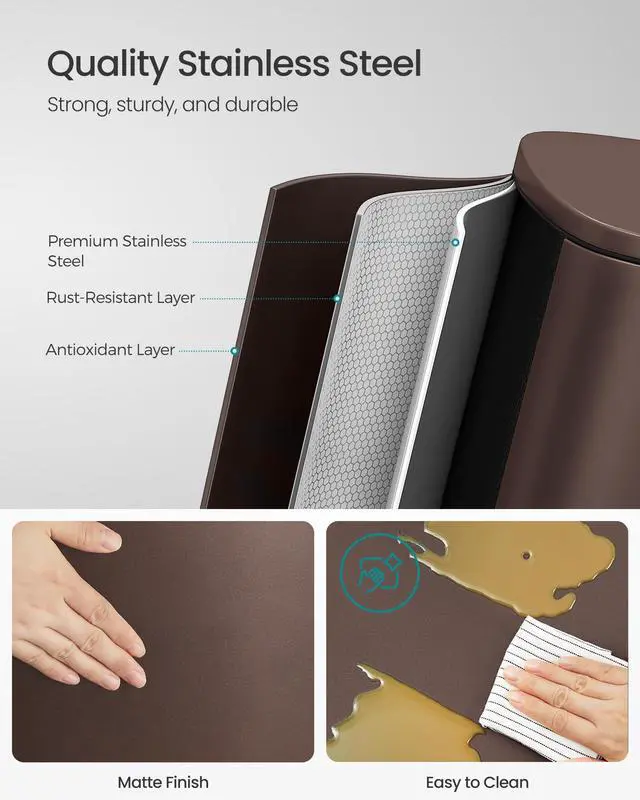 Alt view image 3 of 7 - SONGMICS 13 Gallon (50 L) Trash Can, Stainless Steel Kitchen Garbage Can, Recycling or Waste Bin, Soft Close, Step-On Pedal, Removable Inner Bucket, Brown ULTB50BR