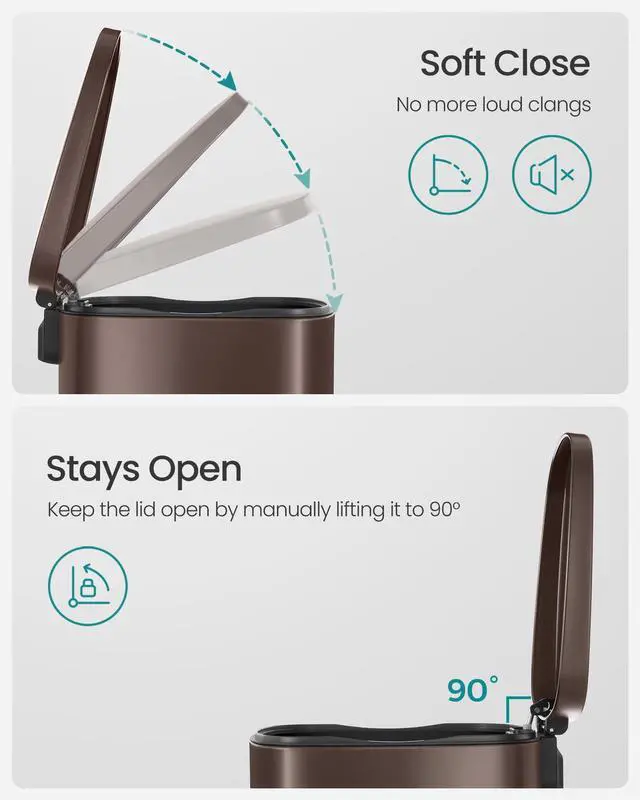 Alt view image 4 of 7 - SONGMICS 13 Gallon (50 L) Trash Can, Stainless Steel Kitchen Garbage Can, Recycling or Waste Bin, Soft Close, Step-On Pedal, Removable Inner Bucket, Brown ULTB50BR