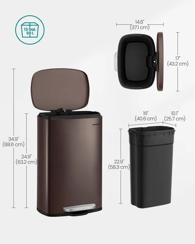 Alt view image 6 of 7 - SONGMICS 13 Gallon (50 L) Trash Can, Stainless Steel Kitchen Garbage Can, Recycling or Waste Bin, Soft Close, Step-On Pedal, Removable Inner Bucket, Brown ULTB50BR