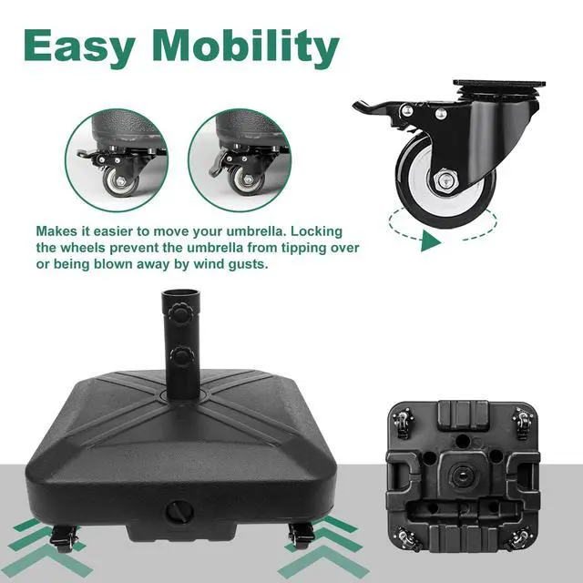 Alt view image 3 of 7 - RAOKUKH Patio Umbrella Base Heavy Duty with Wheels Square Market Stand for Outdoor 4 Locks 2 Knobs 125lb Capacity, Black
