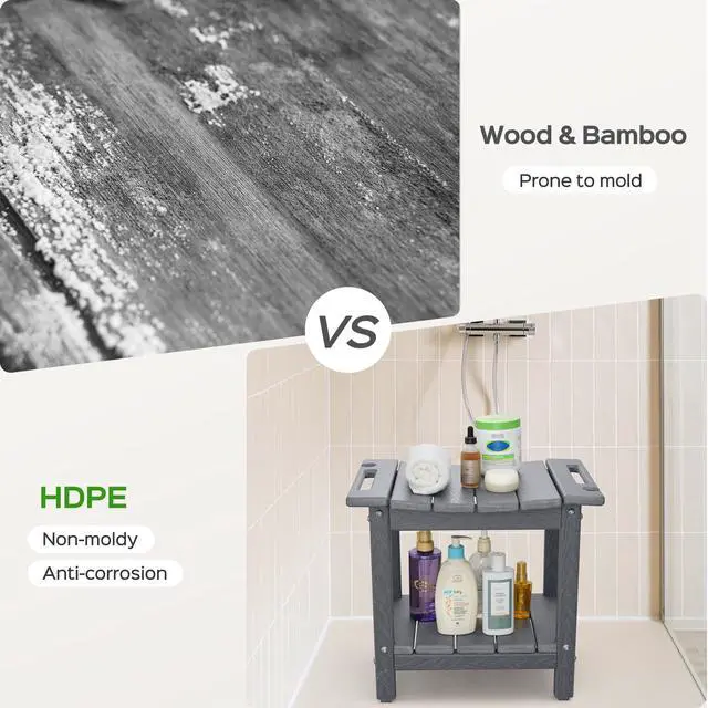 Alt view image 4 of 7 - LyriFine Shower Bench - HDPE Waterproof Shower Bench for Inside Shower, 18.7" Shower Stool with Shower Head Holder, 350lbs Shower Seat with Storage Shelf, Shower Chair for Bathroom Indoor Outdoor Use