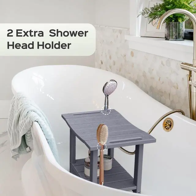 Alt view image 6 of 7 - LyriFine Shower Bench - HDPE Waterproof Shower Bench for Inside Shower, 18.7" Shower Stool with Shower Head Holder, 350lbs Shower Seat with Storage Shelf, Shower Chair for Bathroom Indoor Outdoor Use