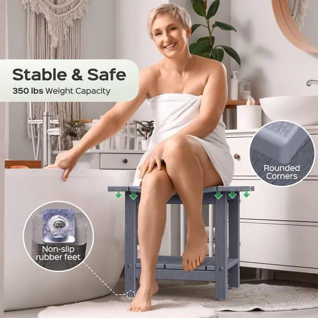 Alt view image 7 of 7 - LyriFine Shower Bench - HDPE Waterproof Shower Bench for Inside Shower, 18.7" Shower Stool with Shower Head Holder, 350lbs Shower Seat with Storage Shelf, Shower Chair for Bathroom Indoor Outdoor Use