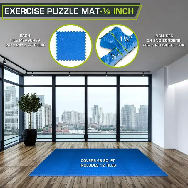 Alt view image 2 of 6 - ProsourceFit Puzzle Exercise Mat ½ in, EVA Interlocking Foam Floor Tiles for Home Gym, Mat for Home Workout Equipment, Floor Padding for Kids, Blue, 24 in x 24 in x ½ in, 48 Sq Ft - 12 Tiles