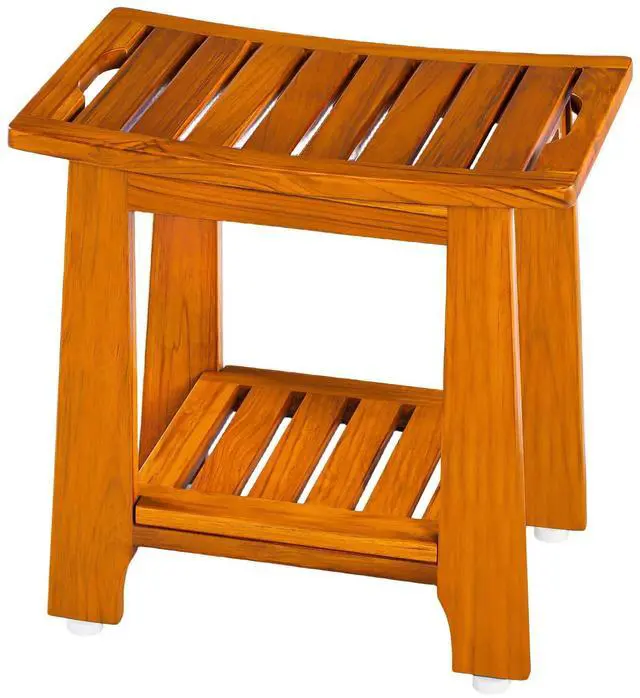 Main image of 14" Compact Teak Shower Stool with Shelf & Handle - Waterproof, Non-Slip Bath Bench for Small Bathrooms/Tub/Outdoor Use, 300 lbs Capacity (Patented)
