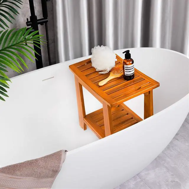 Alt view image 3 of 7 - 14" Compact Teak Shower Stool with Shelf & Handle - Waterproof, Non-Slip Bath Bench for Small Bathrooms/Tub/Outdoor Use, 300 lbs Capacity (Patented)