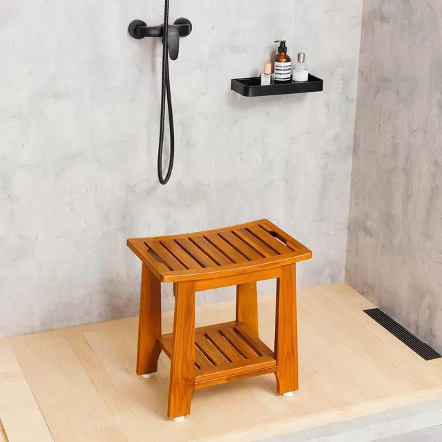 Alt view image 2 of 7 - 14" Compact Teak Shower Stool with Shelf & Handle - Waterproof, Non-Slip Bath Bench for Small Bathrooms/Tub/Outdoor Use, 300 lbs Capacity (Patented)