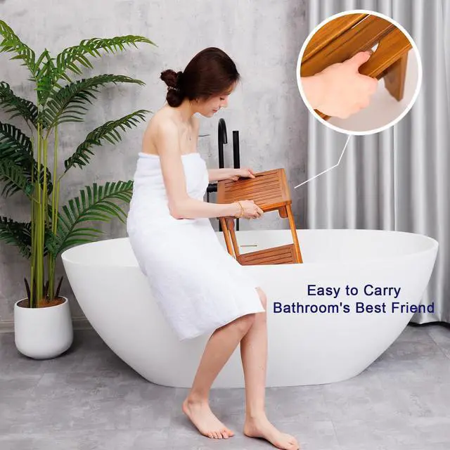 Alt view image 5 of 7 - 14" Compact Teak Shower Stool with Shelf & Handle - Waterproof, Non-Slip Bath Bench for Small Bathrooms/Tub/Outdoor Use, 300 lbs Capacity (Patented)