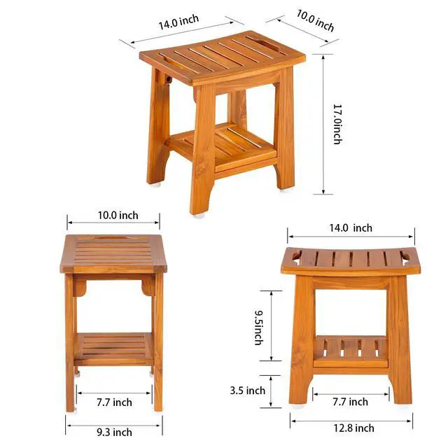 Alt view image 6 of 7 - 14" Compact Teak Shower Stool with Shelf & Handle - Waterproof, Non-Slip Bath Bench for Small Bathrooms/Tub/Outdoor Use, 300 lbs Capacity (Patented)