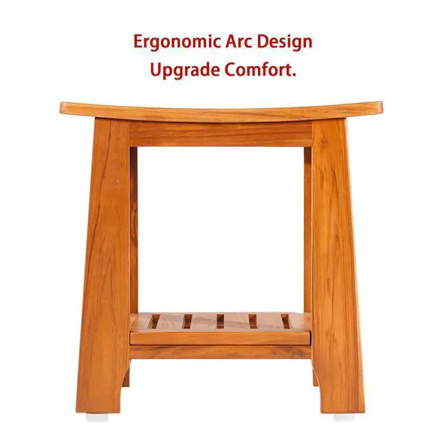 Alt view image 7 of 7 - 14" Compact Teak Shower Stool with Shelf & Handle - Waterproof, Non-Slip Bath Bench for Small Bathrooms/Tub/Outdoor Use, 300 lbs Capacity (Patented)