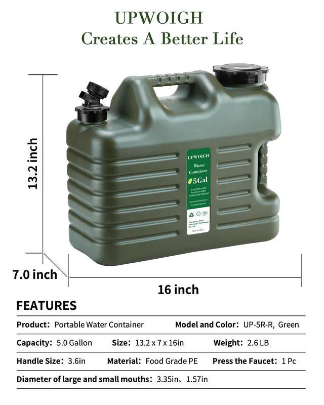 Alt view image 2 of 7 - UPWOIGH 5 Gallon Water Jug Set of 2, Camping Water Container, Truly No Leakage Water Storage, Large Military Green Water Tank,BPA Free Portable Emergency Overlanding Gear for Outdoors Hiking