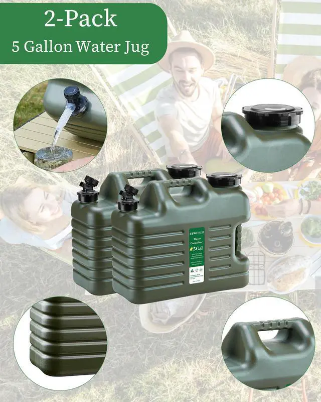 Alt view image 7 of 7 - UPWOIGH 5 Gallon Water Jug Set of 2, Camping Water Container, Truly No Leakage Water Storage, Large Military Green Water Tank,BPA Free Portable Emergency Overlanding Gear for Outdoors Hiking