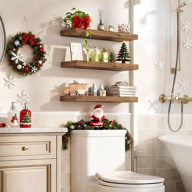 Alt view image 2 of 7 - RALGEND Floating Shelves for Wall, 1.5" Thick Wall Shelf Set of 3 with Invisible Brackets, 23.6L x 7.9W Hanging Shelves Farmhouse Home Decor for Bathroom, Living Room, Bedroom, Rustic Brown 6301BJP3BF