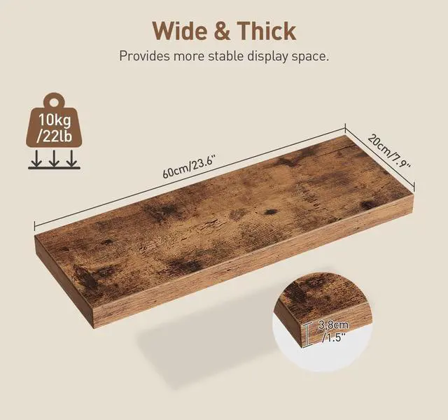 Alt view image 3 of 7 - RALGEND Floating Shelves for Wall, 1.5" Thick Wall Shelf Set of 3 with Invisible Brackets, 23.6L x 7.9W Hanging Shelves Farmhouse Home Decor for Bathroom, Living Room, Bedroom, Rustic Brown 6301BJP3BF