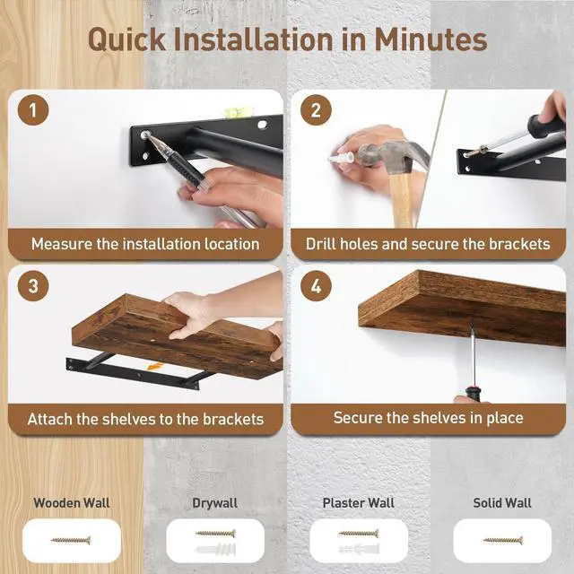 Alt view image 5 of 7 - RALGEND Floating Shelves for Wall, 1.5" Thick Wall Shelf Set of 3 with Invisible Brackets, 23.6L x 7.9W Hanging Shelves Farmhouse Home Decor for Bathroom, Living Room, Bedroom, Rustic Brown 6301BJP3BF