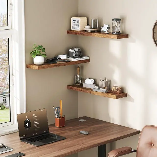 Alt view image 6 of 7 - RALGEND Floating Shelves for Wall, 1.5" Thick Wall Shelf Set of 3 with Invisible Brackets, 23.6L x 7.9W Hanging Shelves Farmhouse Home Decor for Bathroom, Living Room, Bedroom, Rustic Brown 6301BJP3BF