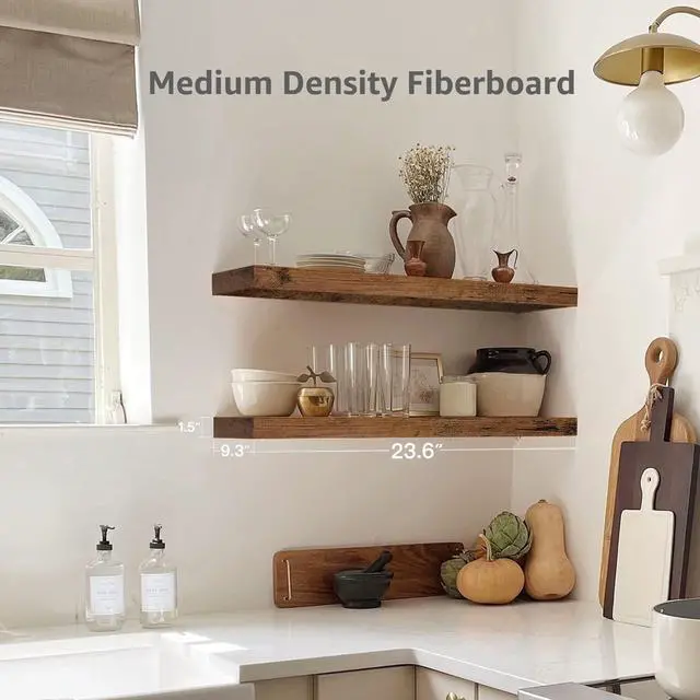 Alt view image 3 of 7 - QEEIG Floating Shelves for Wall 23.6" Long - Wall Mounted Shelf Bathroom Kitchen Living Room Bedroom Farmhouse Home Decor Display Bookshelf Large 23.6 x 9.3 inch Set of 2, Rustic Brown (008-60BN)