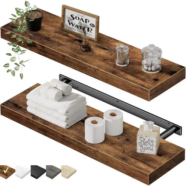 Main image of QEEIG Floating Shelves for Wall 23.6" Long - Wall Mounted Shelf Bathroom Kitchen Living Room Bedroom Farmhouse Home Decor Display Bookshelf Large 23.6 x 9.3 inch Set of 2, Rustic Brown (008-60BN)