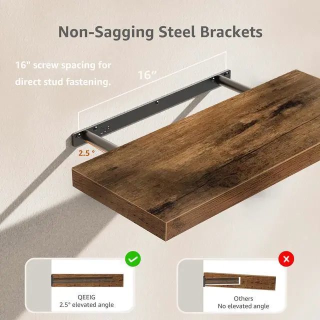 Alt view image 5 of 7 - QEEIG Floating Shelves for Wall 23.6" Long - Wall Mounted Shelf Bathroom Kitchen Living Room Bedroom Farmhouse Home Decor Display Bookshelf Large 23.6 x 9.3 inch Set of 2, Rustic Brown (008-60BN)