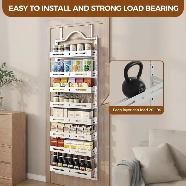 Alt view image 4 of 7 - Freexployer 8-Tier Over The Door Pantry Organizer, Large 2 IN 1 Wall Mount or Hanging Spice Rack, Pantry Door Organizer and Storage with Adjustable Basket, Door Spice Rack for Pantry, White