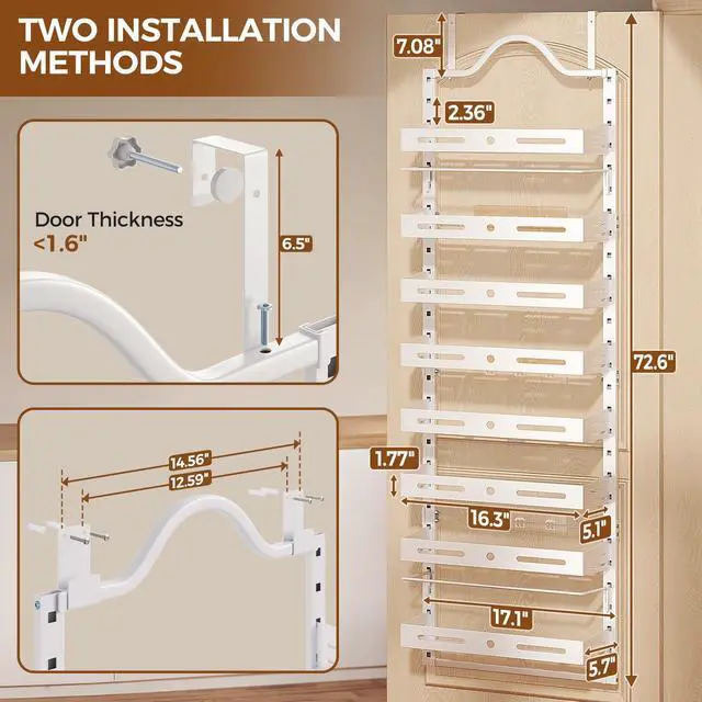 Alt view image 2 of 7 - Freexployer 8-Tier Over The Door Pantry Organizer, Large 2 IN 1 Wall Mount or Hanging Spice Rack, Pantry Door Organizer and Storage with Adjustable Basket, Door Spice Rack for Pantry, White