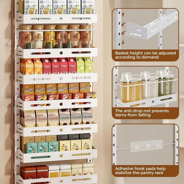 Alt view image 5 of 7 - Freexployer 8-Tier Over The Door Pantry Organizer, Large 2 IN 1 Wall Mount or Hanging Spice Rack, Pantry Door Organizer and Storage with Adjustable Basket, Door Spice Rack for Pantry, White