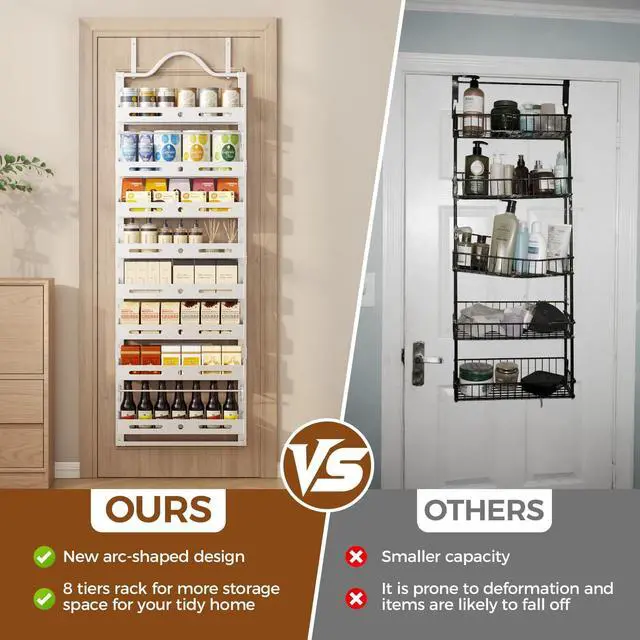 Alt view image 7 of 7 - Freexployer 8-Tier Over The Door Pantry Organizer, Large 2 IN 1 Wall Mount or Hanging Spice Rack, Pantry Door Organizer and Storage with Adjustable Basket, Door Spice Rack for Pantry, White