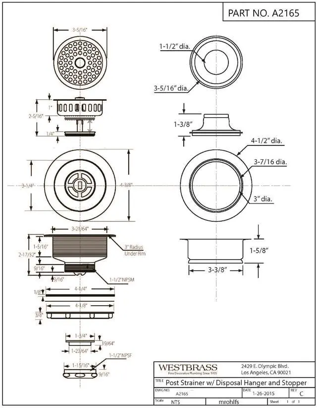 Alt view image 2 of 7 - Westbrass A2165-50 4-1/4" OD Post Style Large Kitchen Basket Strainer with Waste Disposal Flange and Stopper Drain Set, Powder Coat White