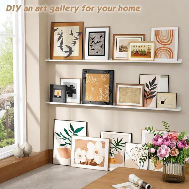 Alt view image 2 of 7 - Forbena 48 Inch Floating Shelves for Wall Set of 4, Large White Picture Ledge Shelf for Living Room Photo Frames, Extra Long Wood Wall Shelves with Lip for Bedroom Hallway Office Nursery Kids Books