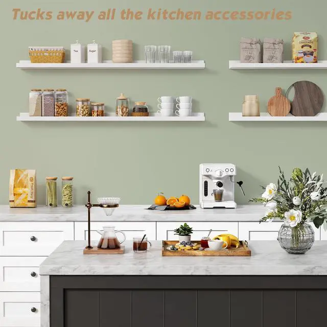 Alt view image 5 of 7 - Forbena 48 Inch Floating Shelves for Wall Set of 4, Large White Picture Ledge Shelf for Living Room Photo Frames, Extra Long Wood Wall Shelves with Lip for Bedroom Hallway Office Nursery Kids Books