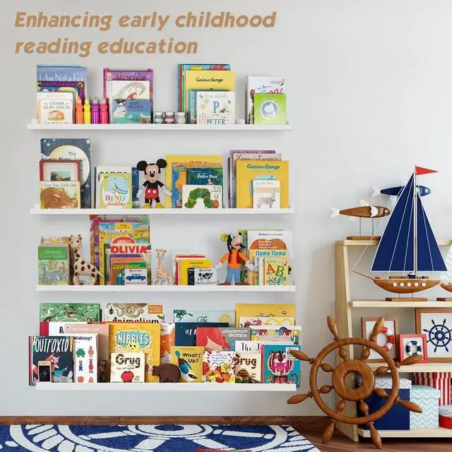 Alt view image 6 of 7 - Forbena 48 Inch Floating Shelves for Wall Set of 4, Large White Picture Ledge Shelf for Living Room Photo Frames, Extra Long Wood Wall Shelves with Lip for Bedroom Hallway Office Nursery Kids Books