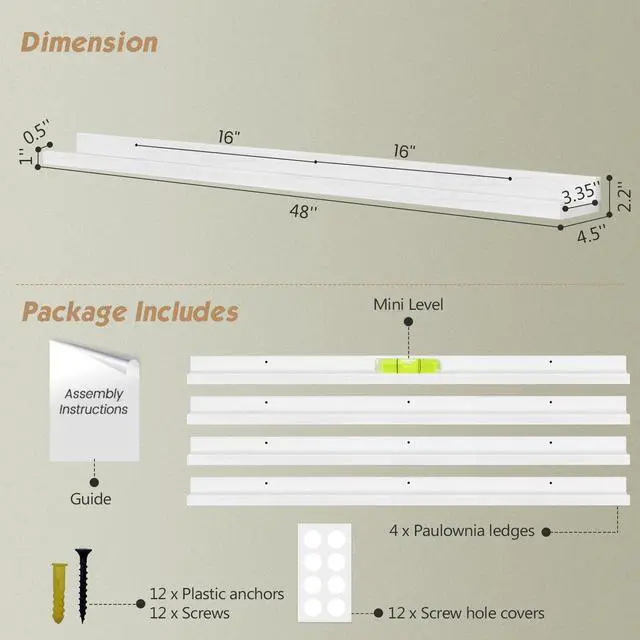 Alt view image 7 of 7 - Forbena 48 Inch Floating Shelves for Wall Set of 4, Large White Picture Ledge Shelf for Living Room Photo Frames, Extra Long Wood Wall Shelves with Lip for Bedroom Hallway Office Nursery Kids Books