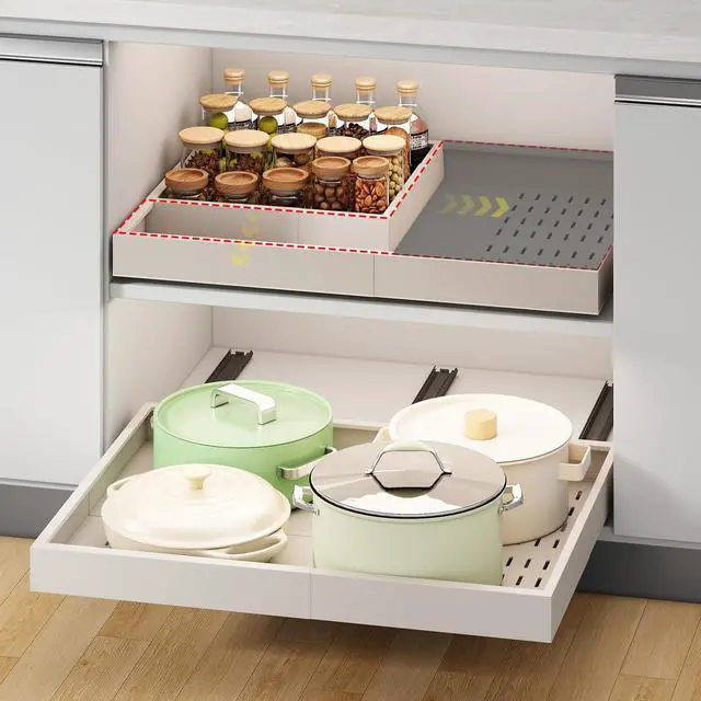 Main image of Pull out Cabinet Organizer,Width (14"-21") and Depth (17"-24") Expandable With 3 Rails,No Drill Adjustable Slide out Drawers for Kitchen,Pantry,Adhesive Roll out Shelves,for Cabinets Without Lip,White