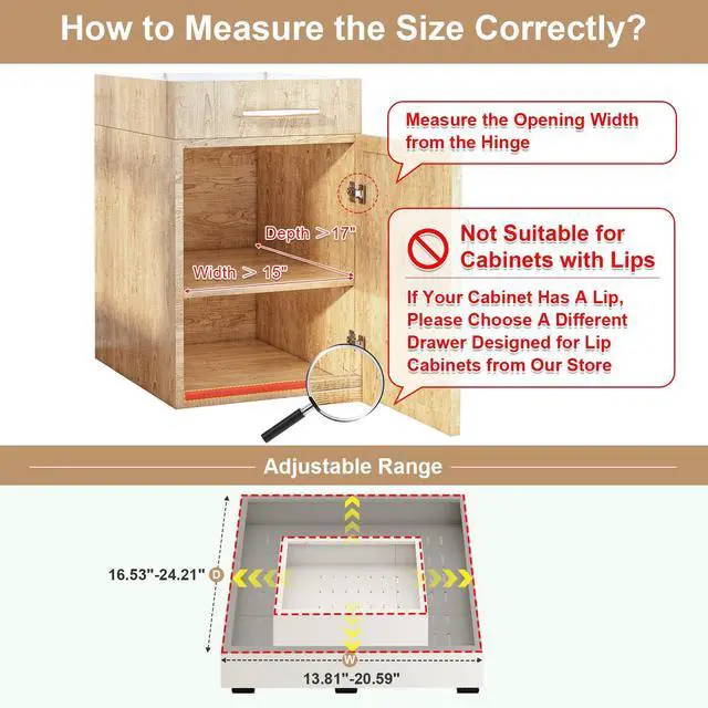 Alt view image 2 of 6 - Pull out Cabinet Organizer,Width (14"-21") and Depth (17"-24") Expandable With 3 Rails,No Drill Adjustable Slide out Drawers for Kitchen,Pantry,Adhesive Roll out Shelves,for Cabinets Without Lip,White