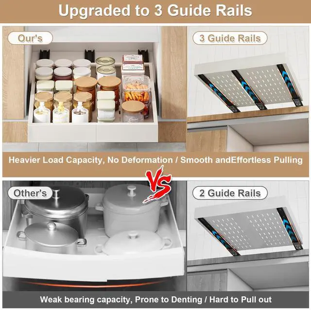 Alt view image 4 of 6 - Pull out Cabinet Organizer,Width (14"-21") and Depth (17"-24") Expandable With 3 Rails,No Drill Adjustable Slide out Drawers for Kitchen,Pantry,Adhesive Roll out Shelves,for Cabinets Without Lip,White