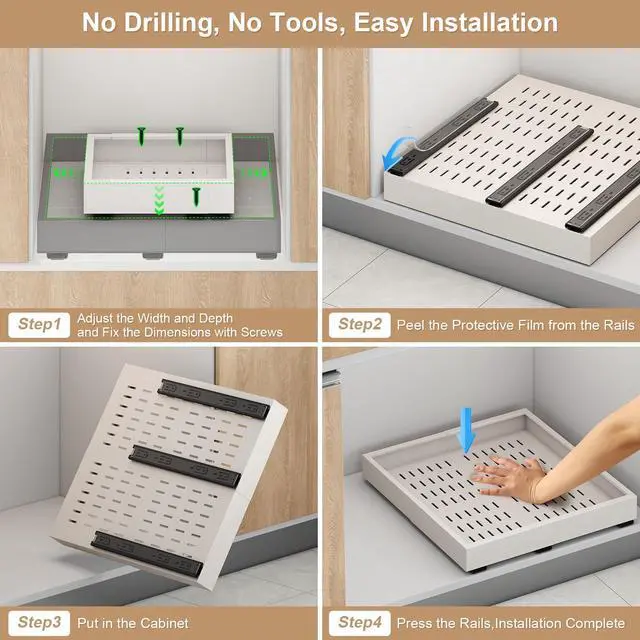 Alt view image 6 of 6 - Pull out Cabinet Organizer,Width (14"-21") and Depth (17"-24") Expandable With 3 Rails,No Drill Adjustable Slide out Drawers for Kitchen,Pantry,Adhesive Roll out Shelves,for Cabinets Without Lip,White